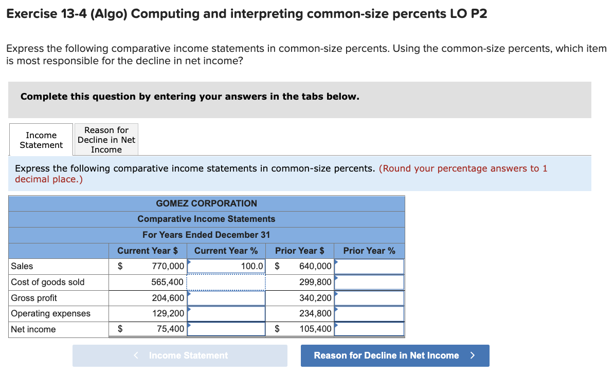please help ASAP!!!!!!!!! Exercise 13-4 (Algo) Computing and interpreting common-size percents LO