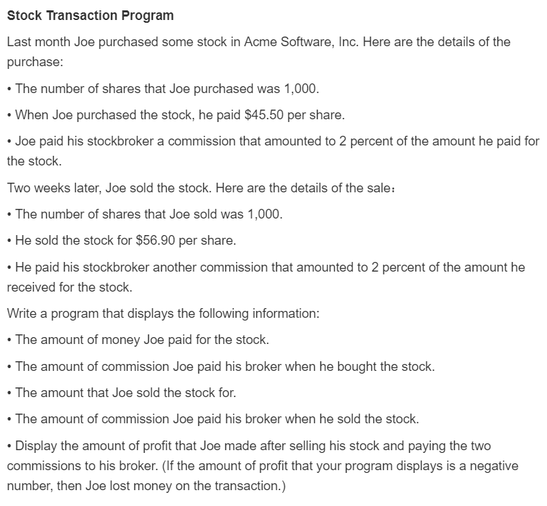  C++ Code! USE A SWITCH STATEMENT PLEASE Stock Transaction Program Last