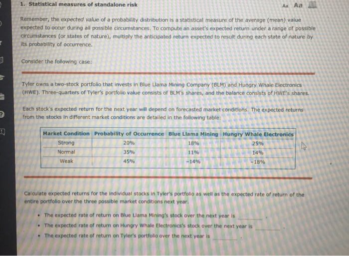  1. Statistical measures of standalone A Aa Remember, the expected value