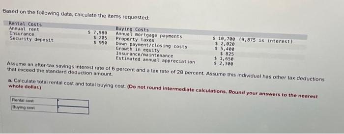  Based on the following data, calculate the items requested: Rental Costs