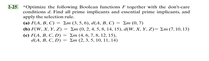  Optimize the following Boolean functions F together with the dont care