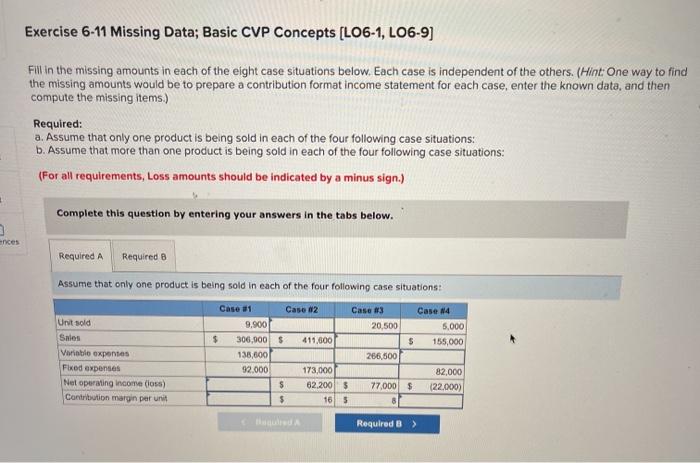  Exercise 6-11 Missing Data; Basic CVP Concepts [LO6-1, L06-9) Fill in