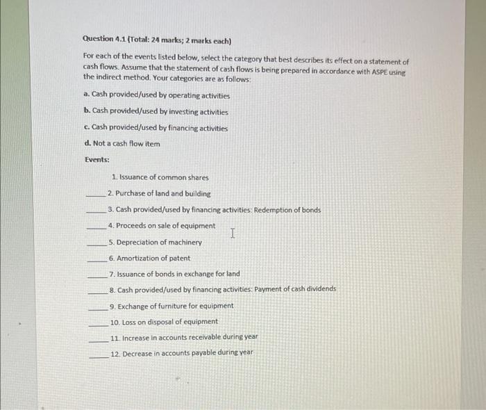  Question 4.1 (Total: 24 marks; 2 marks each) For each of