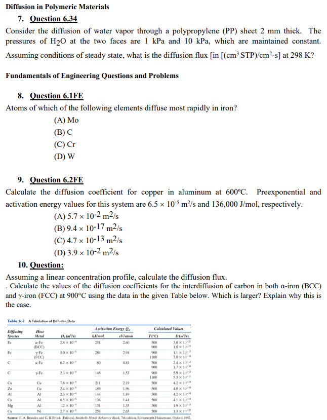  Please solve them all and show work. Thank you! Diffusion in