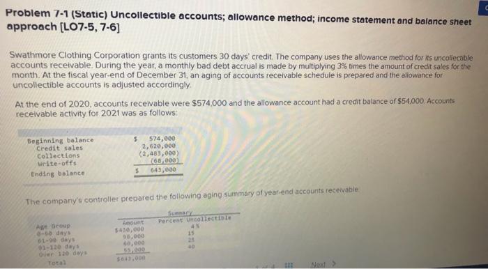  Problem 7-1 (Static) Uncollectible accounts; allowance method; income statement and balance