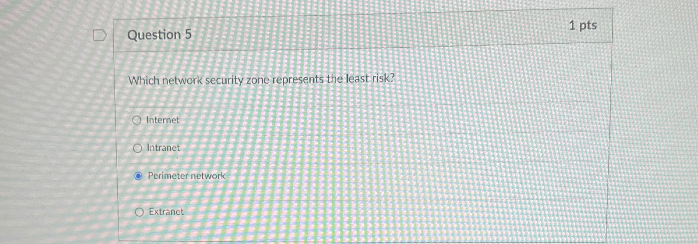  Question 5 1pts Which network security zone represents the least risk?