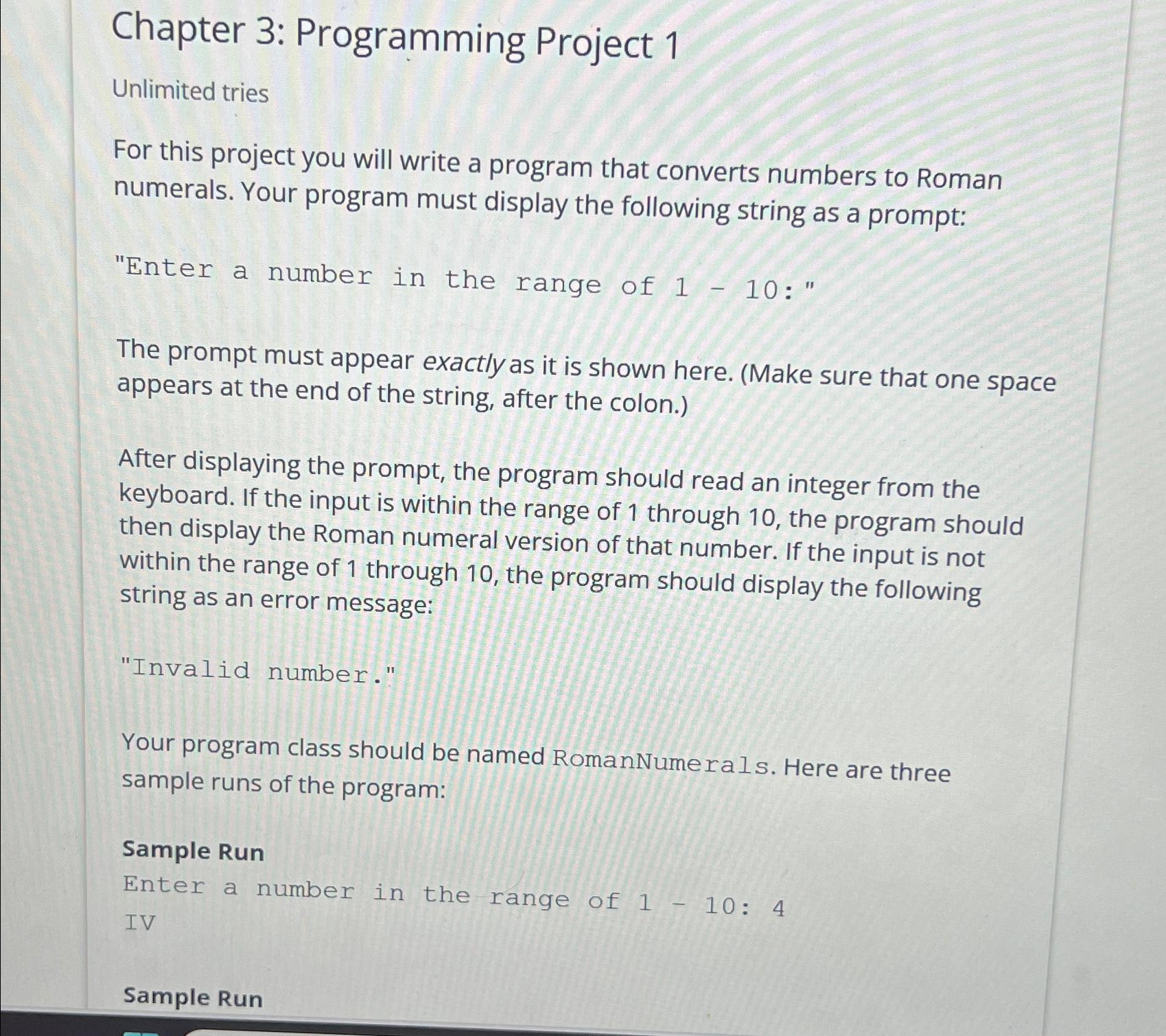  Chapter 3: Programming Project 1 Unlimited tries For this project you