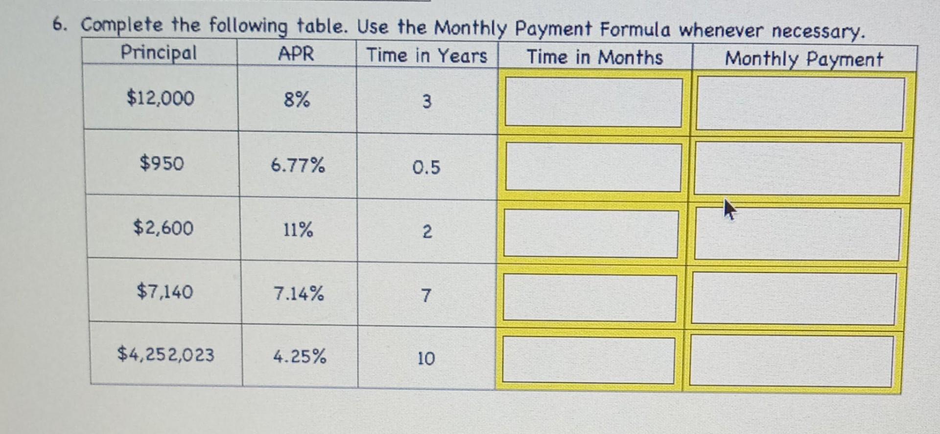  help answer this 6. Complete the followina table. Use the Monthlv