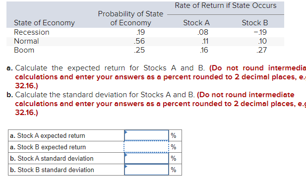  a. Calculate the expected return for Stocks A and B. (Do