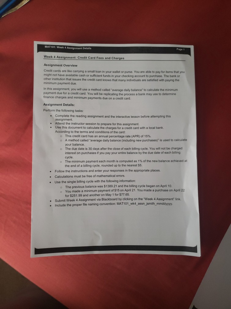 MAT101: Week 4 Assignment Details Page 1 Week 4 Assignment: Credit