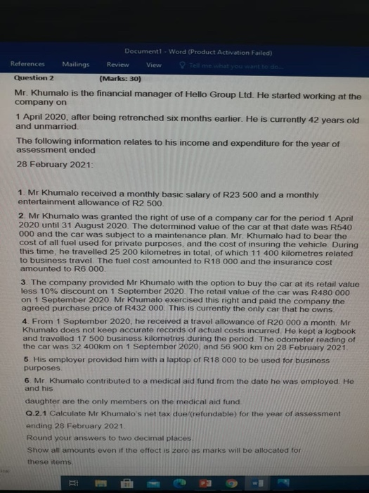  Documenti - Word (Product Activation Failed) References Mailings Review View Question