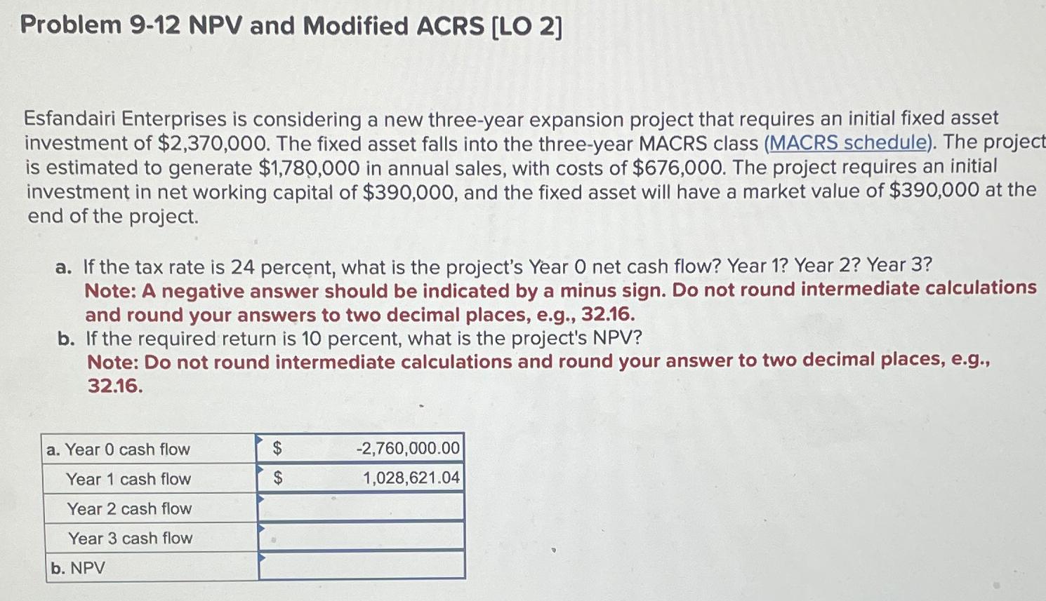  Problem 9-12 NPV and Modified ACRS [LO 2] Esfandairi Enterprises is