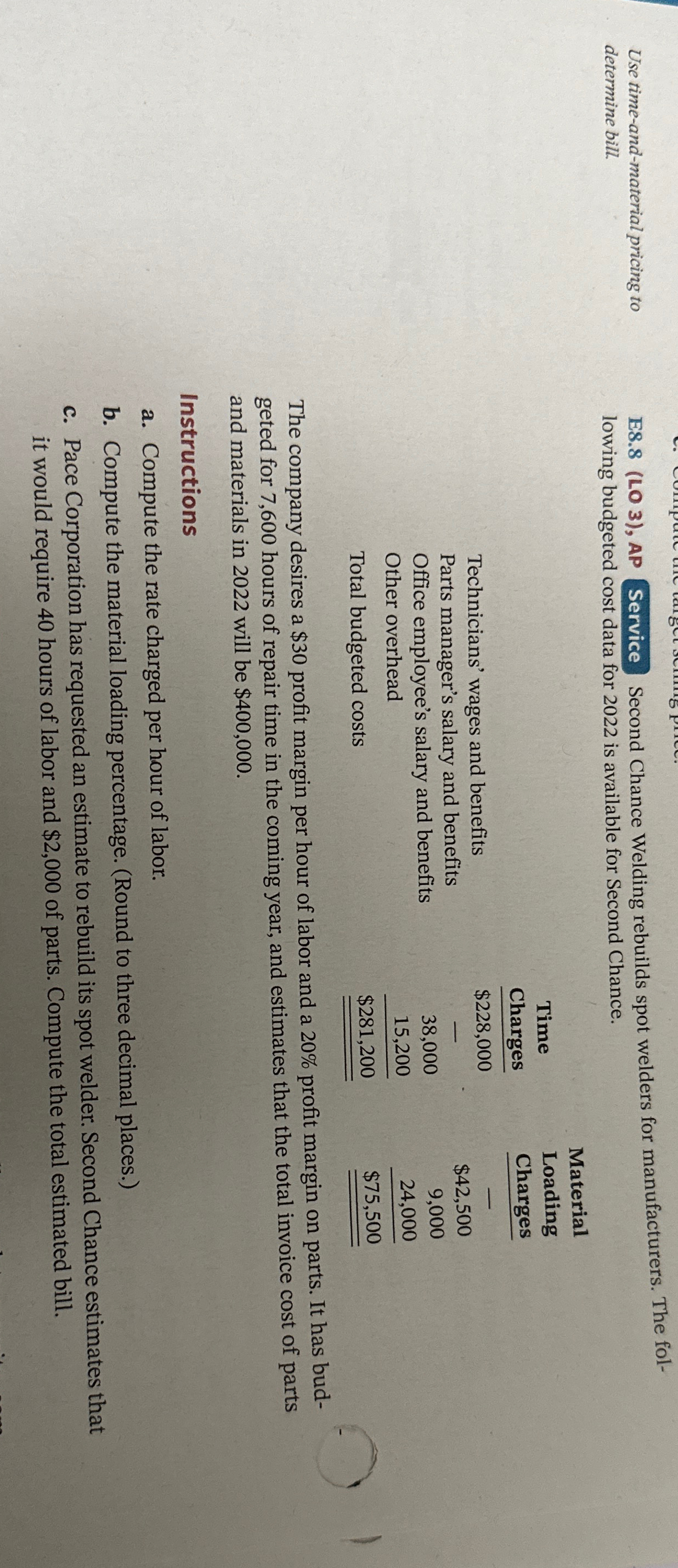  Use time-and-material pricing to determine bill. E8.8(LO 3), AP Service Second