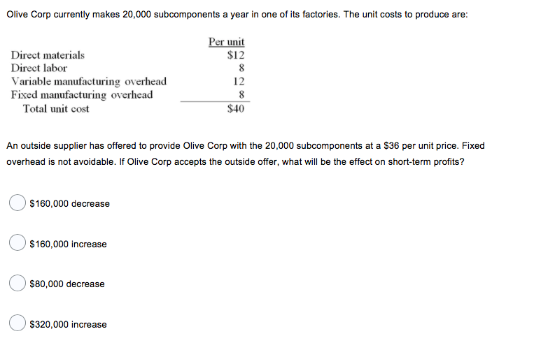  Olive Corp currently makes 20,000 subcomponents a year in one of