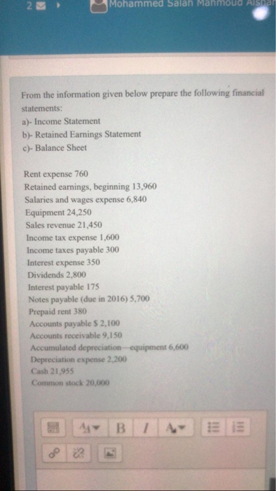  23 Mohammed Salah Mahmoud Alsa From the information given below prepare