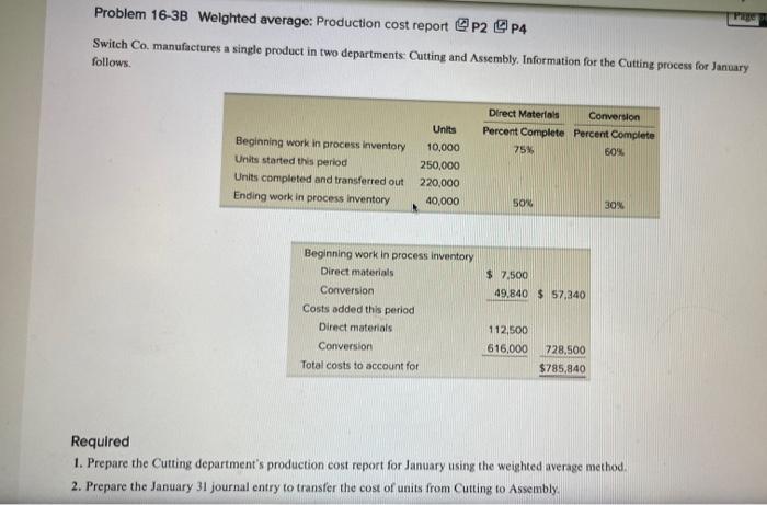 with work please Problem 16-3B Welghted average: Production cost report 2 P4