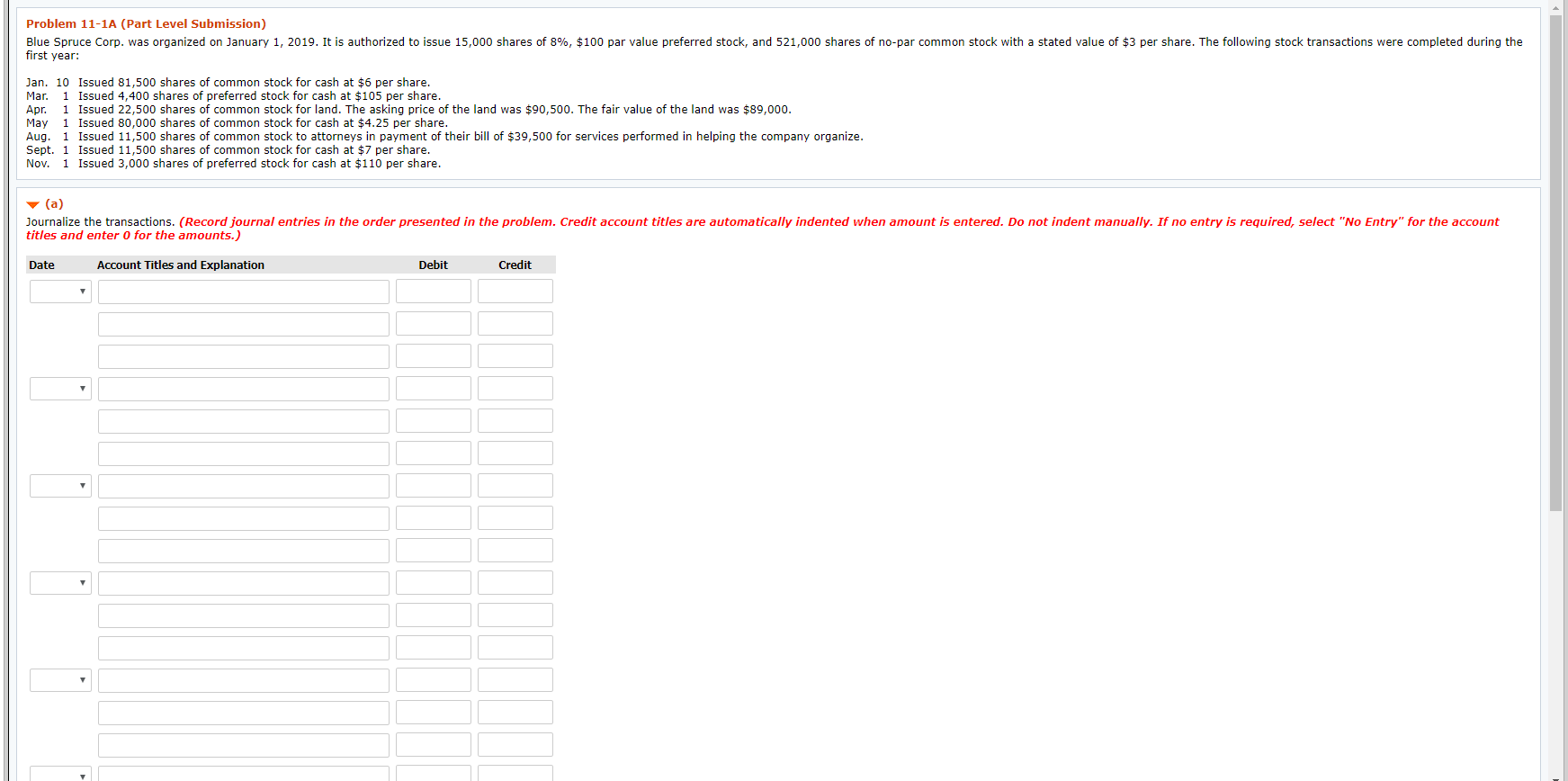 Problem 11-1A (Part Level Submission) Blue Spruce Corp. was organized on