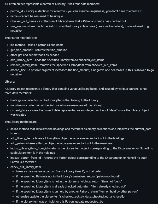 You will write the Libraryltem, Patron and Library classes, and the three