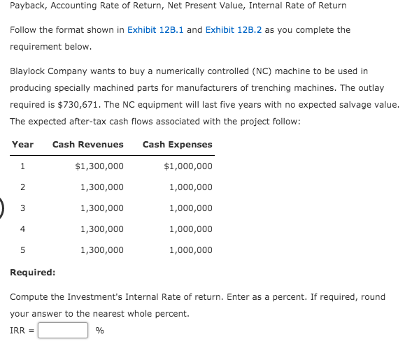 Payback, Accounting Rate of Return, Net Present Value, Internal Rate of