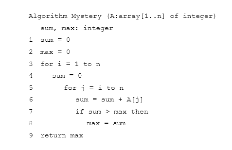  Algorithm Mystery (A:array[1..n] of integer) sum, max: integer 1 sum =