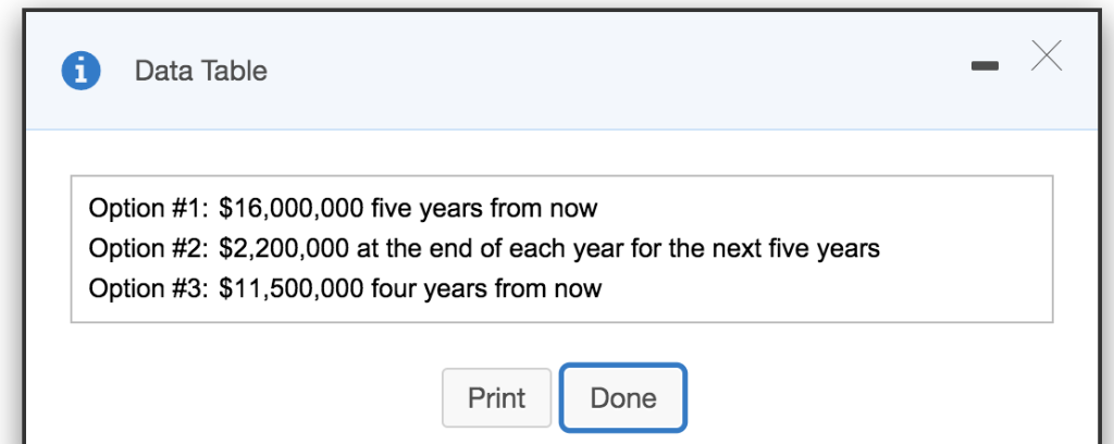  Data Table Option #1: $16,000,000 five years from now Option #2: