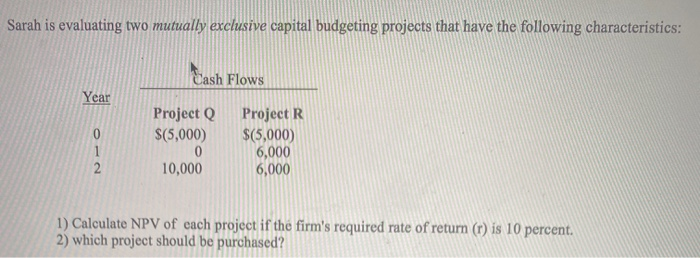 Sarah is evaluating two mutually exclusive capital budgeting projects that have