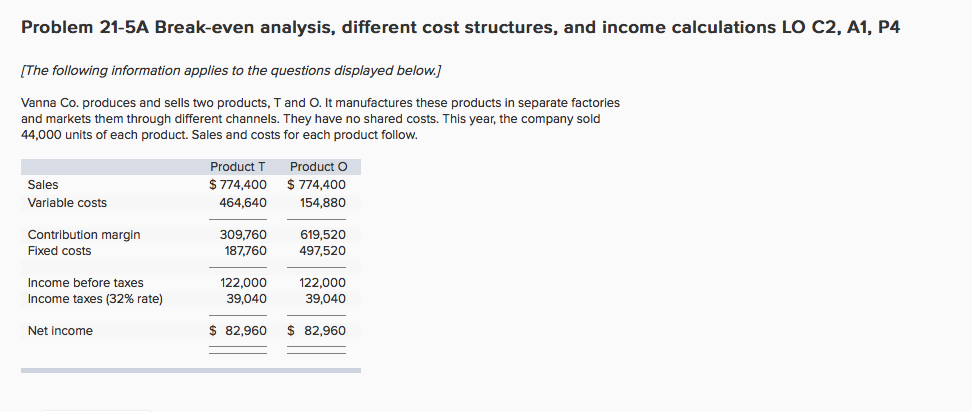 Problem 21-5A Break-even analysis, different cost structures, and income calculations LO