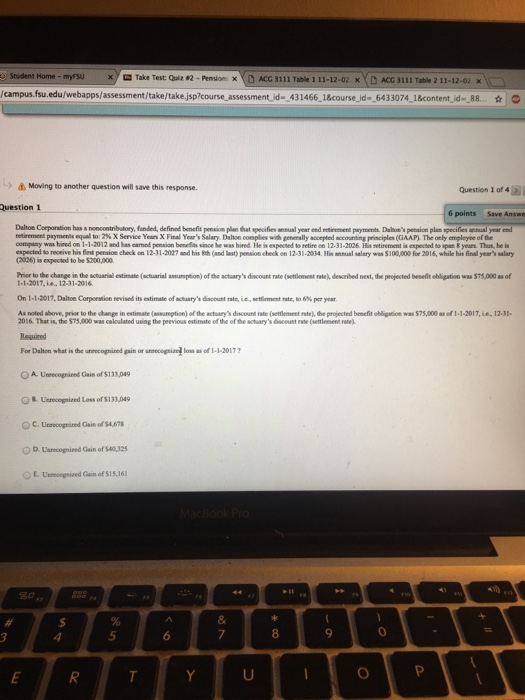  I need help solving this question Take Test: Quz2-Pensions x ACG