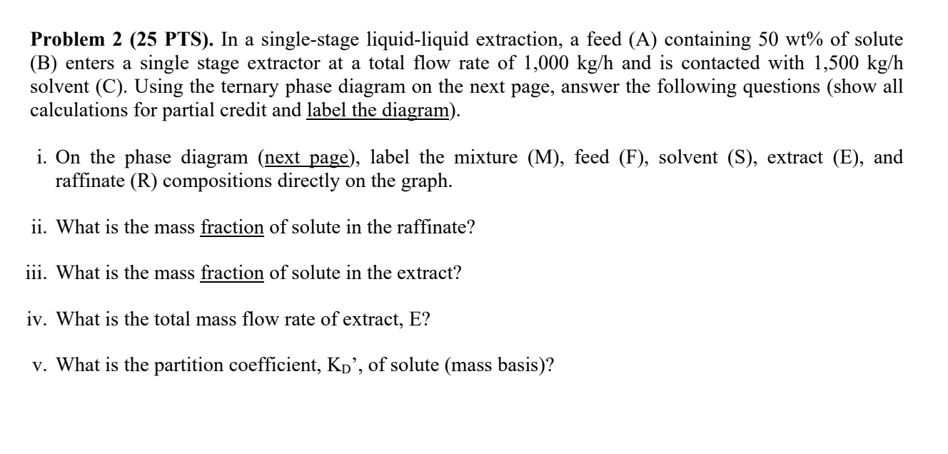  Problem 2 (25 PTS). In a single-stage liquid-liquid extraction, a feed