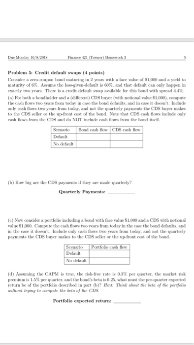  Due M 8/2018 Finance 421 Problem 5: Credit default swaps (4