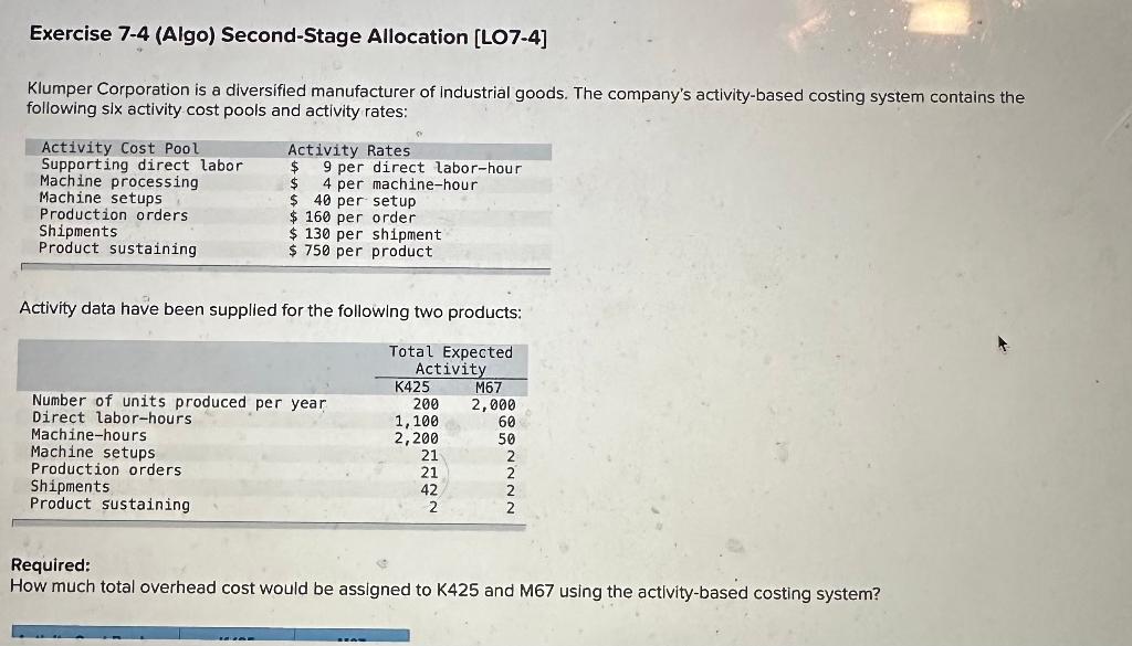  Exercise 7-4 (Algo) Second-Stage Allocation [LO7-4] Klumper Corporation is a diversifled