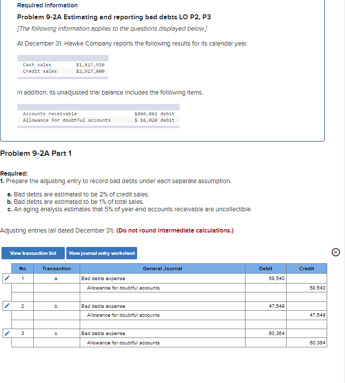  Required Information Problem 9-2A Estimating and reporting bad debts LO P2,