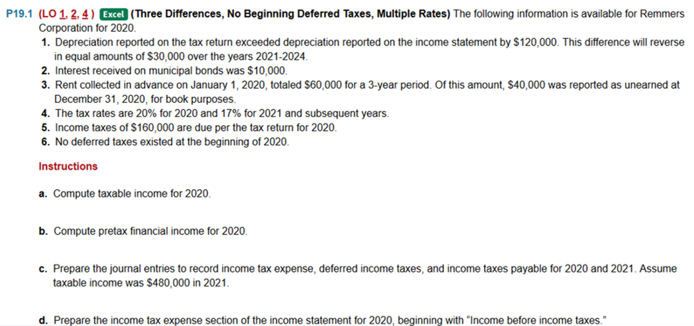  P19.1 (LO 1, 2, 4) Excel (Three Differences, No Beginning Deferred
