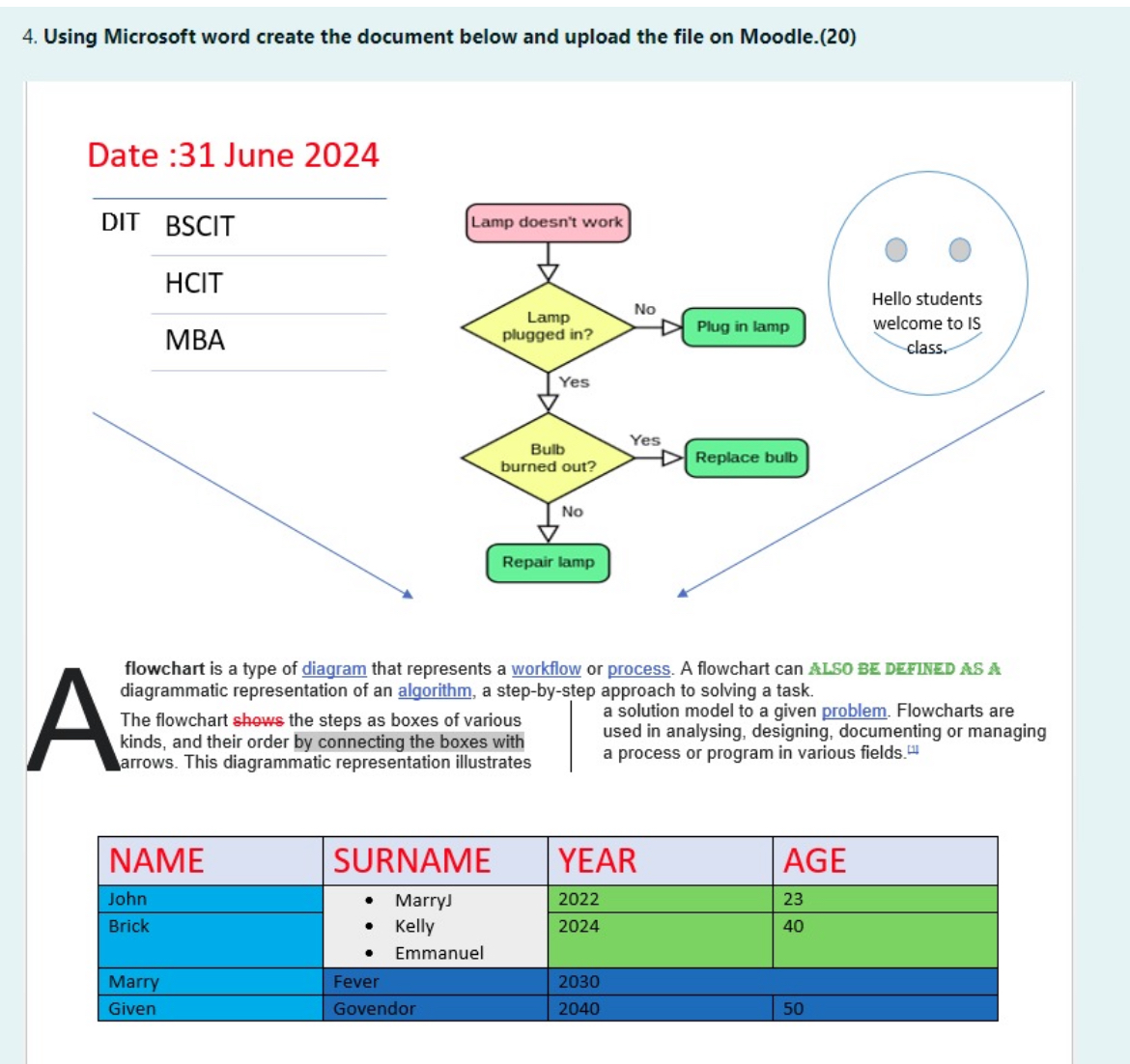 Using Microsoft word create the document below and upload the file