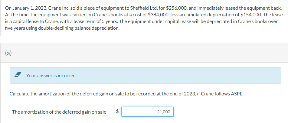  On January 1,2023, Crane Inc. sold a piece of equipment to