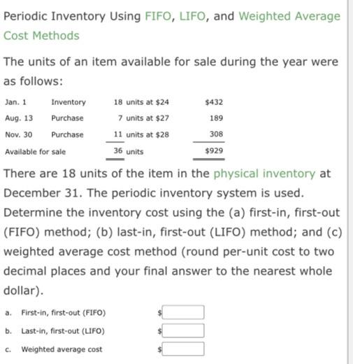  Periodic Inventory Using FIFO, LIFO, and Weighted Average Cost Methods 189