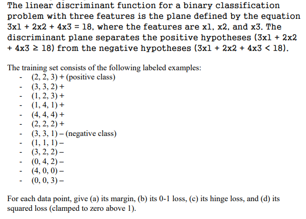  The linear discriminant function for a binary classification problem with three