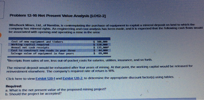  Problem 12-16 Net Present Value Analysis [LO12-2] Windhoek Mines, Ltd. of