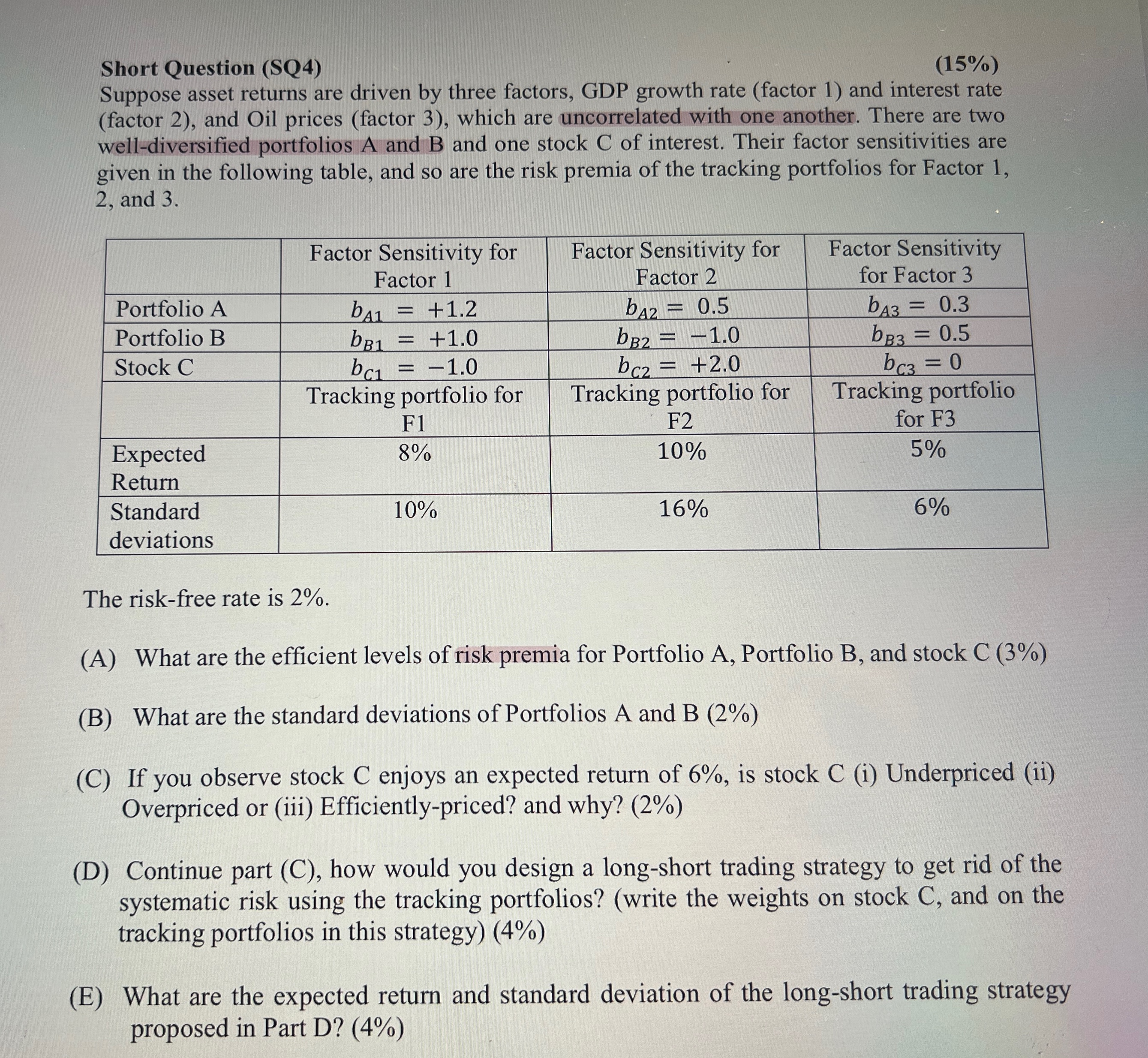  Short Question (SQ4) (15%) Suppose asset returns are driven by three