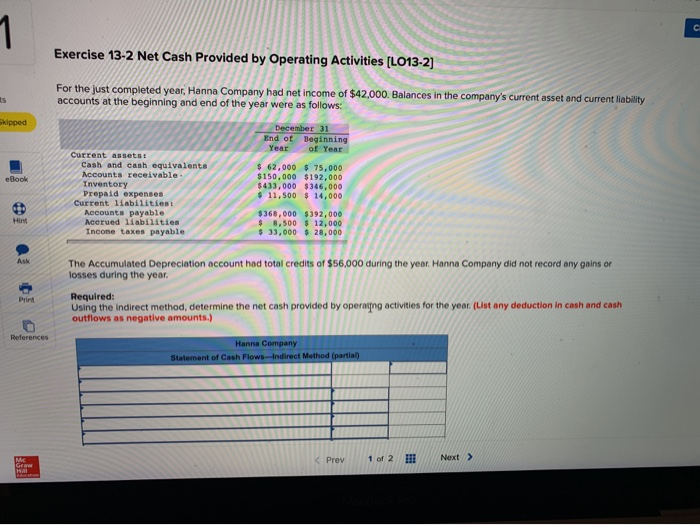  Exercise 13-2 Net Cash Provided by Operating Activities (L013-2] For the