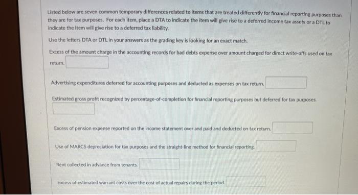  Listed below are seven common temporary differences related to items that
