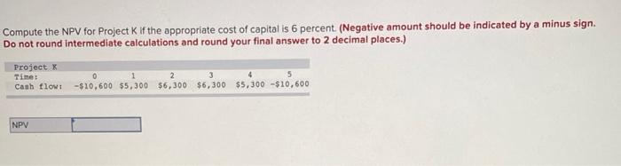  Compute the NPV for Project K if the appropriate cost of