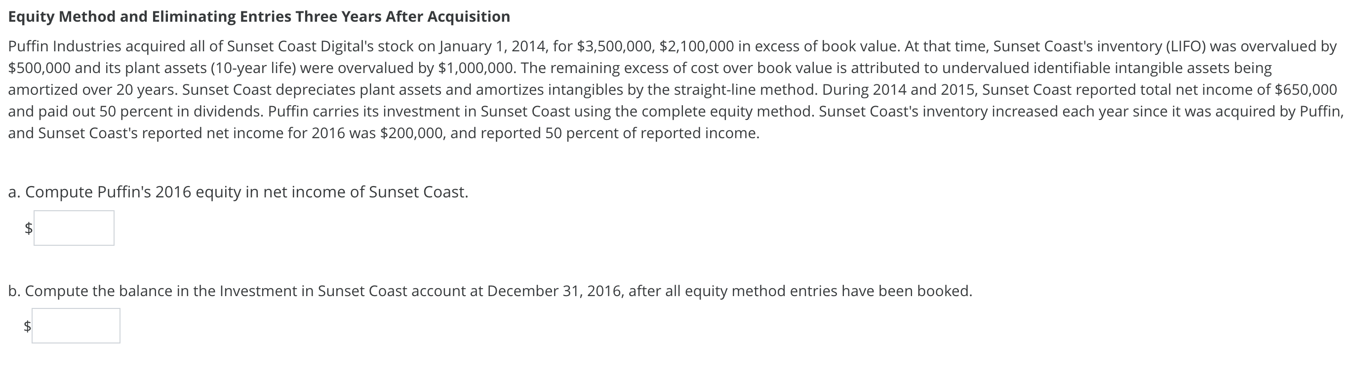  Equity Method and Eliminating Entries Three Years After Acquisition Puffin Industries