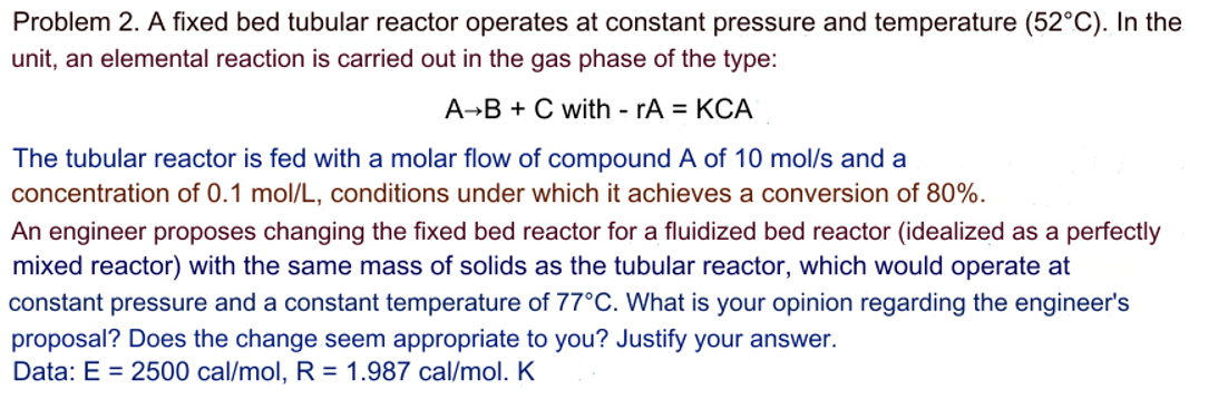  Problem 2. A fixed bed tubular reactor operates at constant pressure
