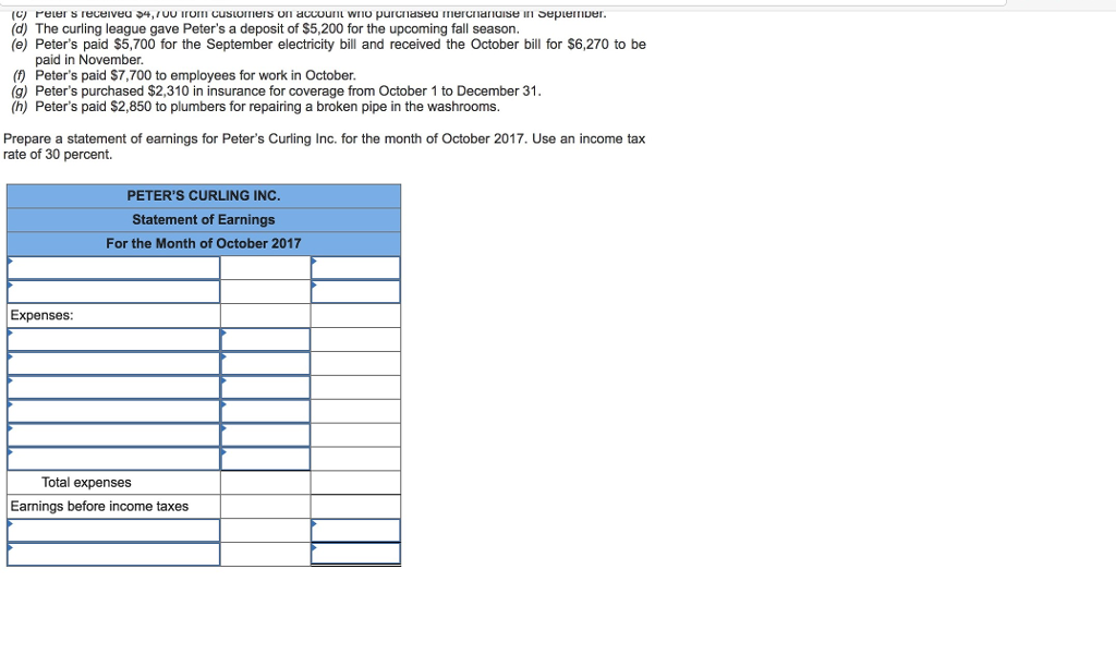 Inc. operates several curling centres (for games and equipment sales). The following