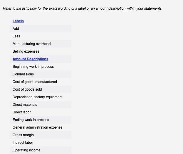 list below for the exact wording of a label or an amount