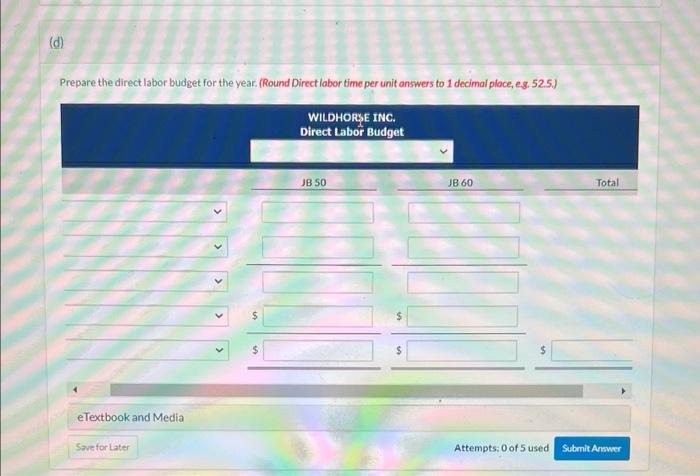  (d) Prepare the direct labor budget for the year. (Round Direct