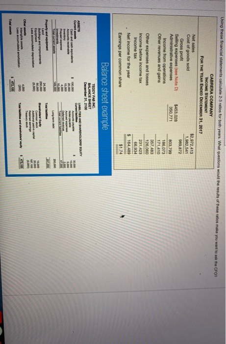  Using these financial statements calculate 2-3 ratios for both years. What