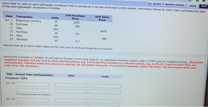  FULL SCREEN PRINTER VERSION Carla Vista Co. sells an ultra-lightweight snowboard