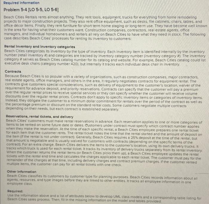  Required Information Problem 5-4 [LO 5-5, LO 5-6) Beach Cities Rentals